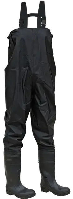 Black steel toe chest waders with ASTM certification and treaded slip-resistant soles for industrial work
