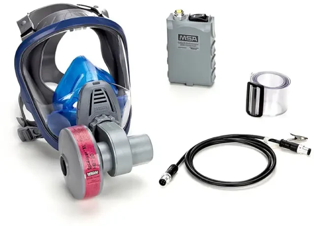 MSA 10095182 OptimAir mask-mounted PAPR with Advantage 3100 medium full facepiece, battery, blower, filter, charger, and waist belt