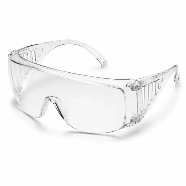 Clear safety glasses with wraparound lens and integrated side shields