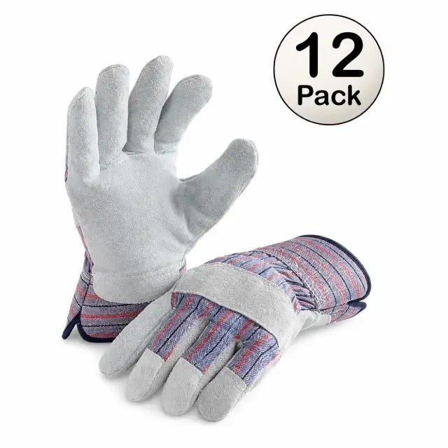 Heavy-duty leather palm work gloves 12 pack with striped fabric back and safety cuff