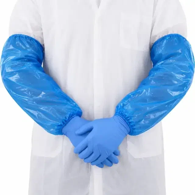 Blue 18 inch vinyl PVC arm protectors with elastic ends for food processing and sanitation