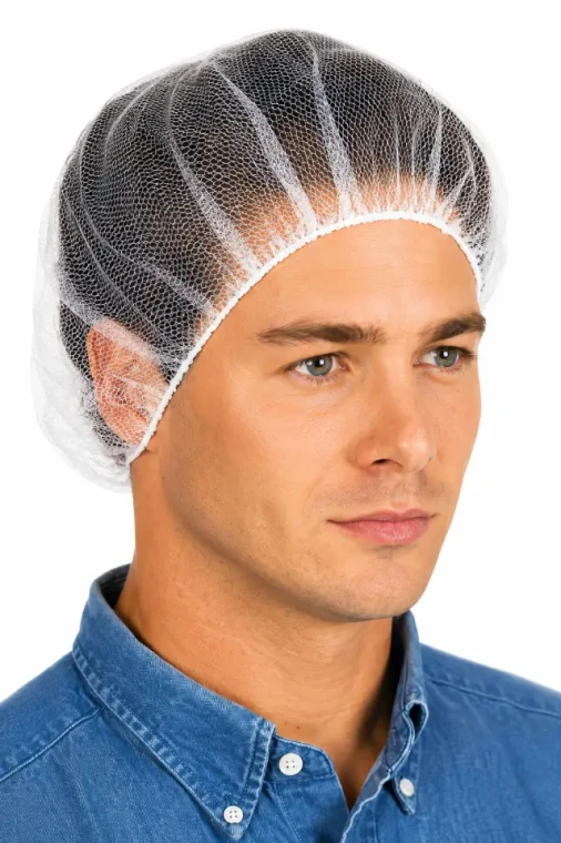Male worker wearing a white disposable mesh hairnet for food processing, laboratory, healthcare, and clean manufacturing environments.