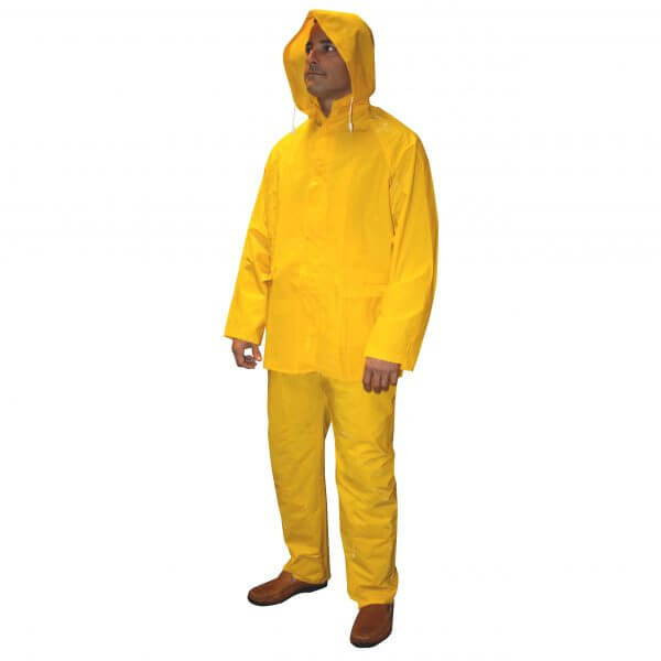 Rain suit on construction worker in stormy setting