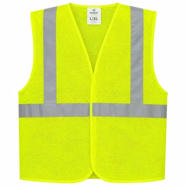 Fluorescent yellow high-visibility mesh safety vest with vertical and horizontal silver reflective tape for construction, traffic, warehouse, and industrial work.