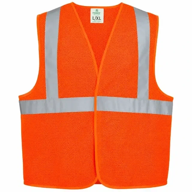 Fluorescent orange high-visibility mesh safety vest with silver reflective tape for construction, traffic control, warehouse, and industrial work.