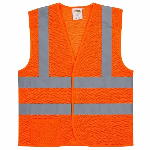 Fluorescent orange high-visibility mesh safety vest with silver reflective stripes and front utility pocket for construction, traffic, warehouse, and industrial work.