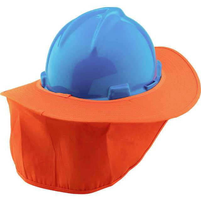 Hard hat sun shade with full 3-inch cotton brim for neck, ear and face protection during outdoor work.
