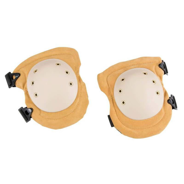 Welding knee pads with non-marking polyurethane caps and quick-release straps.