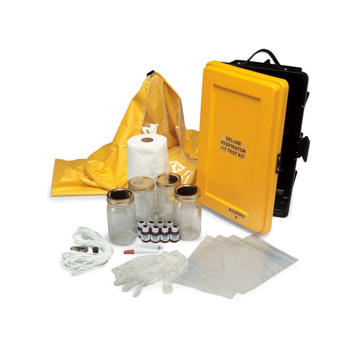 Full Allegro 2040 Deluxe Banana Oil fit test kit including yellow bottles, clear test tent, and black hard shell carry case