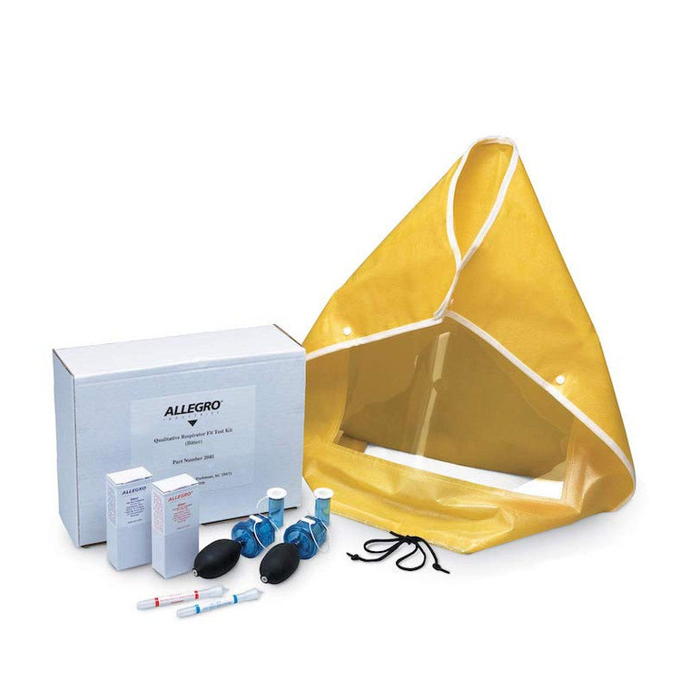 Allegro 2041-DLX Deluxe Bitrex Fit Test Kit featuring yellow hard case, test hood, and glass ampules