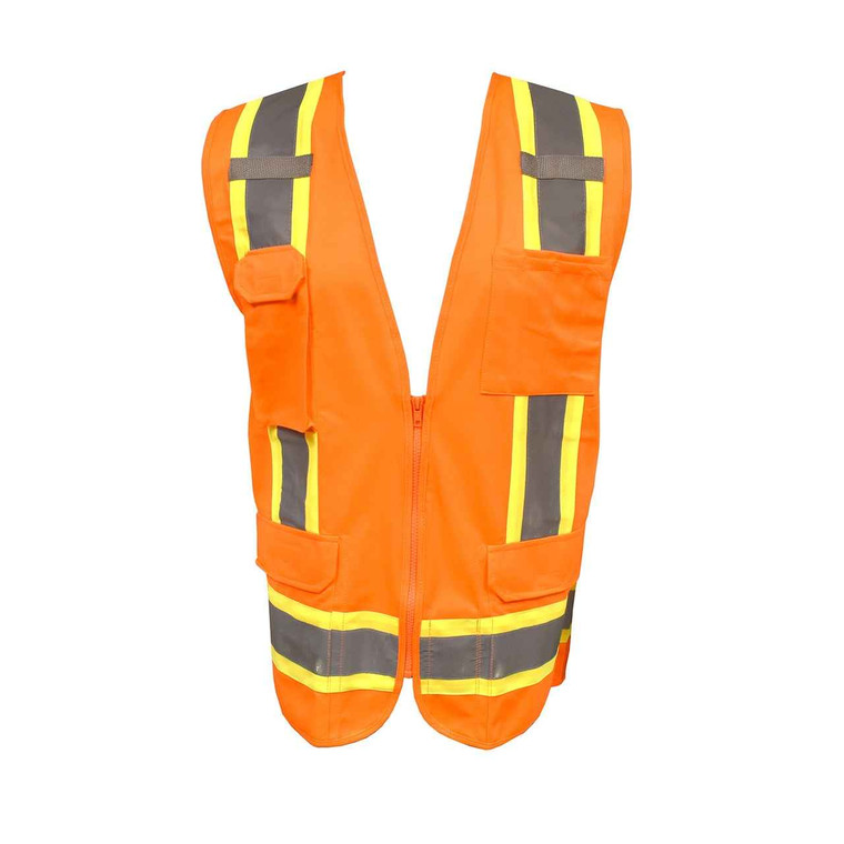 Safety orange surveyor vest with 3M reflective stripes and black zipper closure on a white background