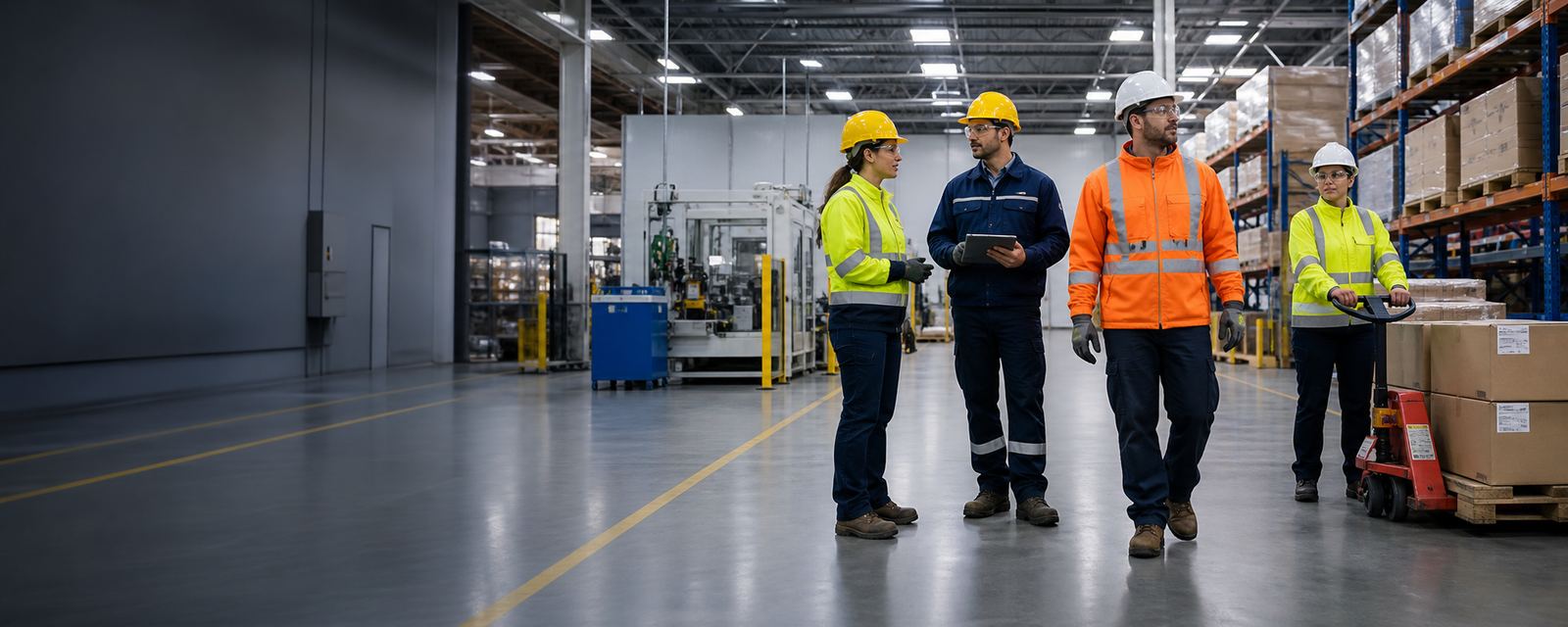 Industrial warehouse and manufacturing workers wearing high-visibility clothing, hard hats, safety glasses, gloves, and work boots