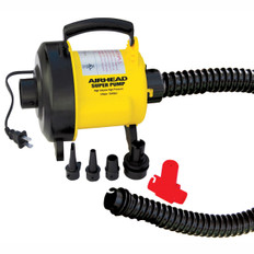 This is the best performing 120 volt air pump available, inflating and deflating at unprecedented speed. Peak pressure is nearly 3.0 psi, plenty of pressure to get boats, dinghys, rafts and reinforced backyard items nice and firm. Seven universal adapters are provided to fit all valves commonly used on boats, kayaks, towables and other inflatables. The adapters lock onto the 36 inch long heavy duty reinforced hose. A Pressure Release Valve is included to limit pressure to 1.4 psi for preventing over-inflating towables, pool toys and other vinyl and nylon covered inflatable items. The accordion-style hose locks onto the pump, eliminating annoying disconnections. You'll love the convenience of the screw-on Boston Valve adapter, an AIRHEAD exclusive. For added convenience, there's a carry handle and a 10 ft. long power cord. It draws 7.1 amps / 917 watts. Volume is 480 liters/minute. 253AHP-120S