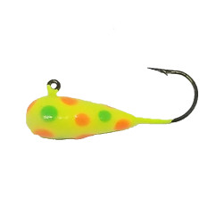 POLKA DOT JIG 570 FLORESCENT YELLOW BASE ORANGE/GREEN DOTS 1/4OZ  (4 IN PKG)