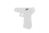 Photo of Primatia Raised and Extended Slide Release showing it installed with the pistol grayed out, angled view