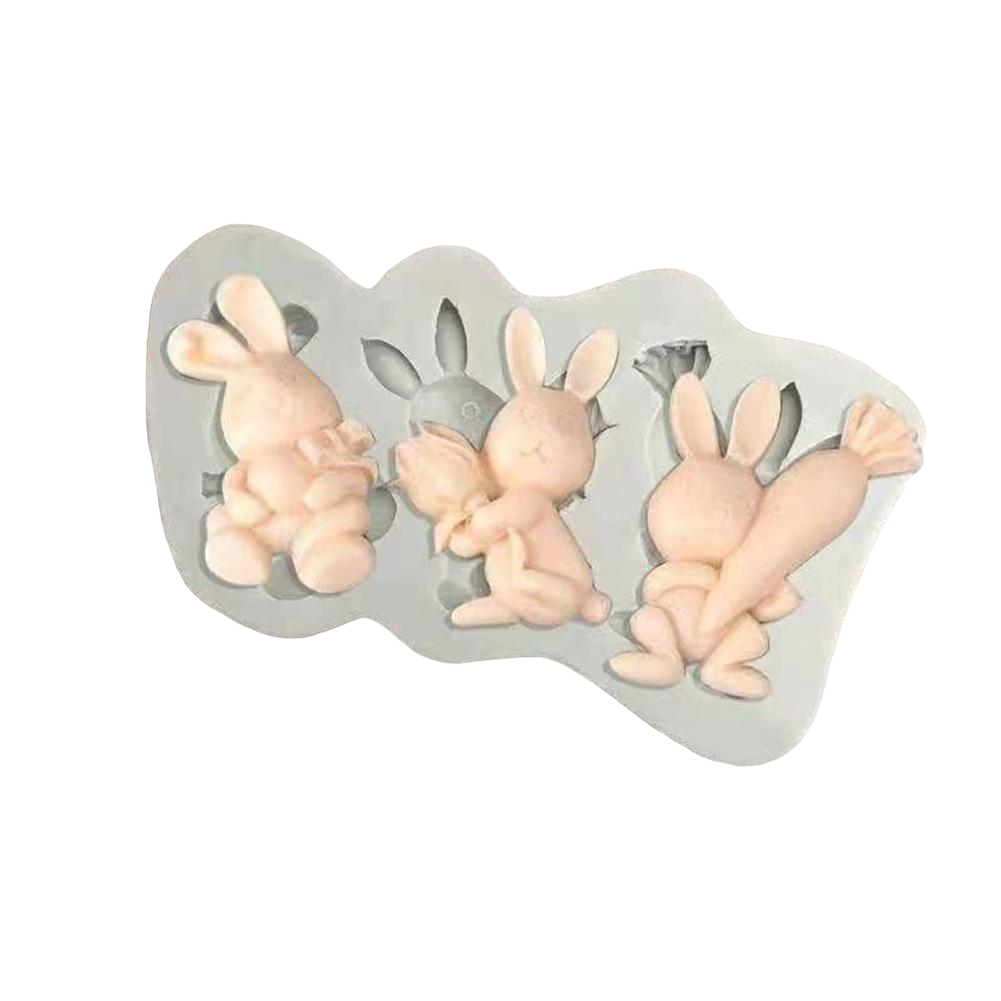 Silicon Rabbit Rabbits Holding Gifts 3 Cavity Silicone Mold
