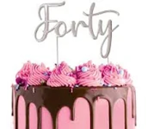 Metal Cake Topper - ( Cursive ) Forty - Silver Metal Cake Topper - ( Cursive ) Forty - Silver