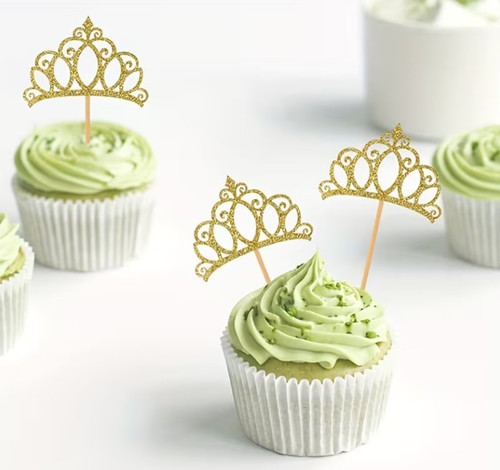 Gold Glitter Tiara Cupcake Toppers - 12pc