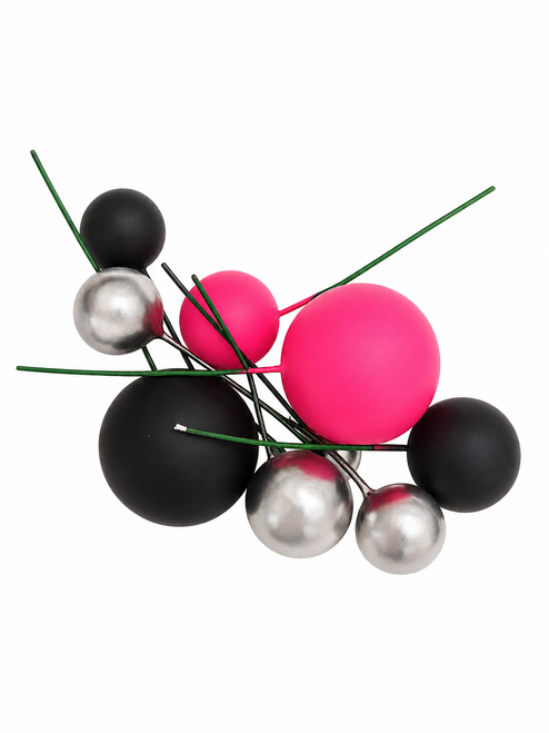Black, Hot Pink and Silver Cake Topper Balls-  9pc