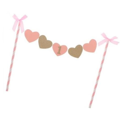 Cake Bunting Happy Birthday  - Pink & Gold Hearts