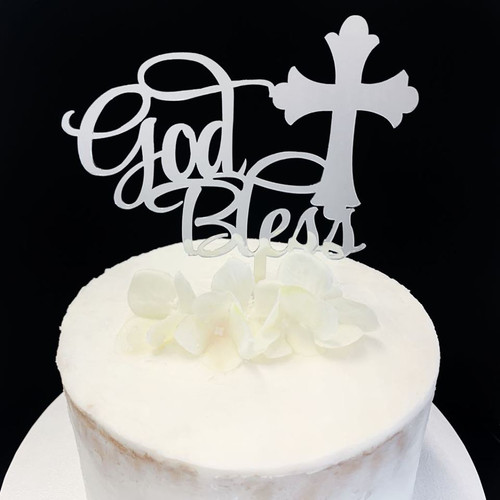 Acrylic Cake Topper 'God Bless' - SILVER