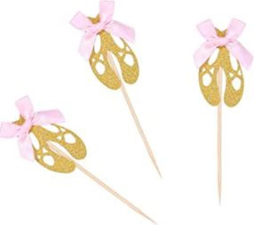 Cupcake Toppers 10pc - Ballerina Slippers Gold Glitter