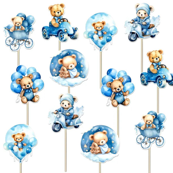Blue Teddy Bear Cake Toppers - 6pc