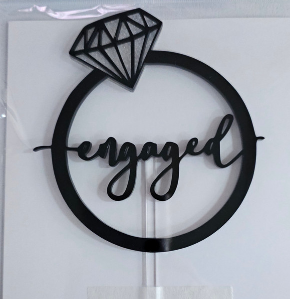 Cake Topper -Engaged- Black With Glitter Diamond