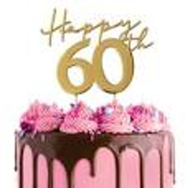 Metal Cake Topper - ( Cursive ) Happy 60th - Gold