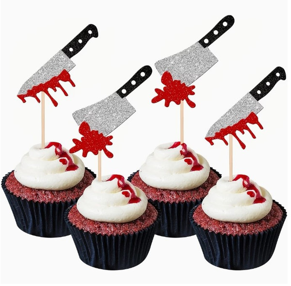 Knife - Glitter & Blood  Halloween  Cupcake Toppers- 12pc