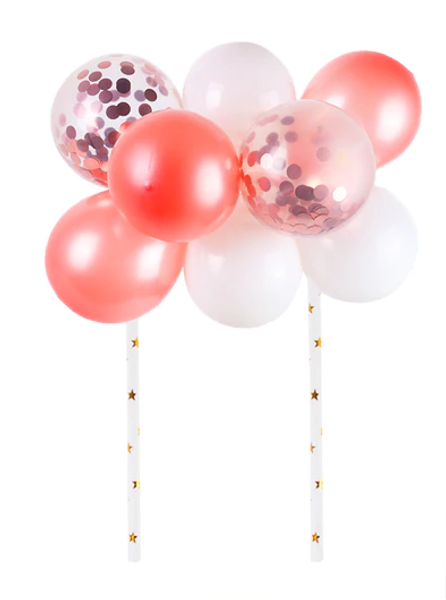 Cake Topper Set - Balloons/Sequins - Peach (Rose Gold) & White