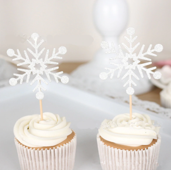 Cupcake Toppers Snowflake 10pc - SILVER GLITTER