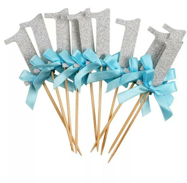 Cupcake Toppers 10pc - Silver with Blue Bow "1" 