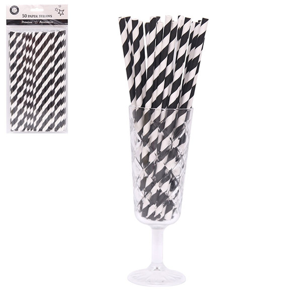 Midnight Black and White Striped Paper Straws - 50pk 