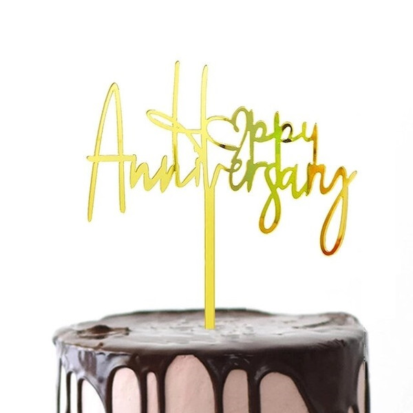  Acrylic Cake Topper 'Happy Anniversary' - Gold (Style 2) 