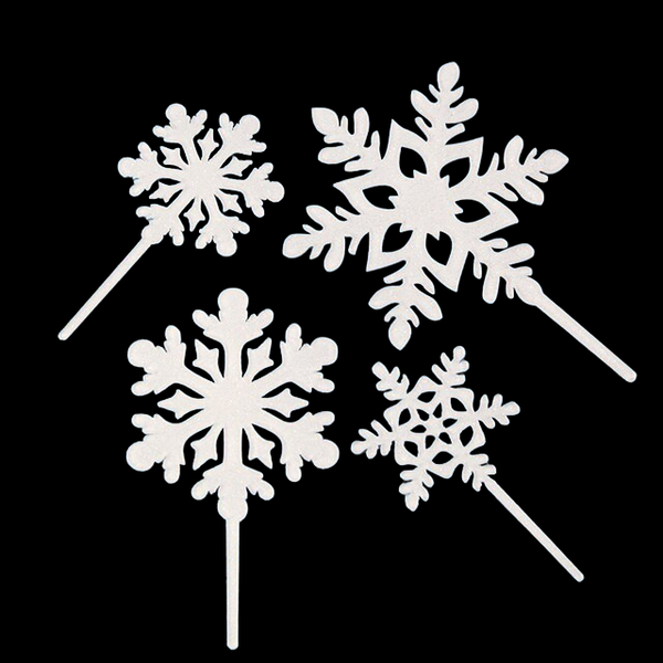 4pc Acrylic Snowflake Topper with Pick - White Glitter