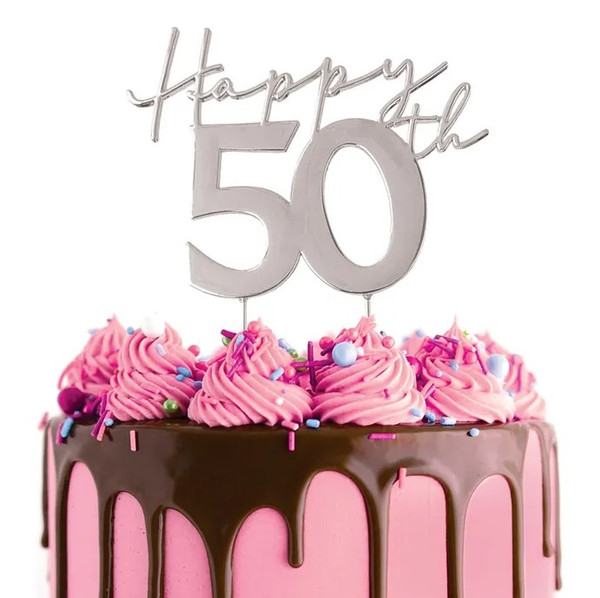 Metal Cake Topper- Happy 50th (Silver) 