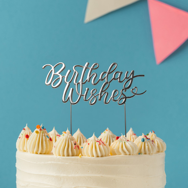 Metal Cake Topper - 'Birthday Wishes' Silver