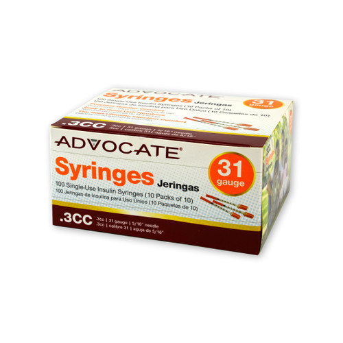 Advocate 31-Gauge 3/10CC (U-100) Syringes - Pack of 100