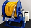 300′ Heavy duty chemical hose, heavy duty brass fittings, brass shut off valve prevents spills, quick disconnect for easy gun change out, storage and service.