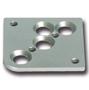 Plaque de fixation en acier inoxydable pour pieds de meubles ronds, montrant sa forme, ses dimensions (60x60mm) et la vis à tête fraisée M8 x 20 mm incluse.