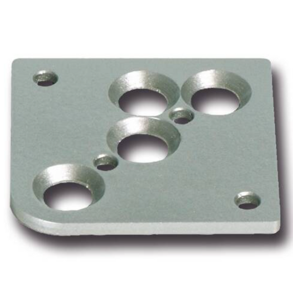 Plaque de fixation en acier inoxydable pour pieds de meubles ronds, montrant sa forme, ses dimensions (60x60mm) et la vis à tête fraisée M8 x 20 mm incluse.