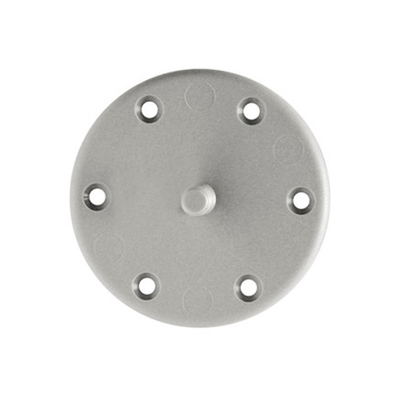 Gros plan de la platine de fixation en plastique pour pied de meuble rond Mital Design Art. ST02 en finition éconichel.