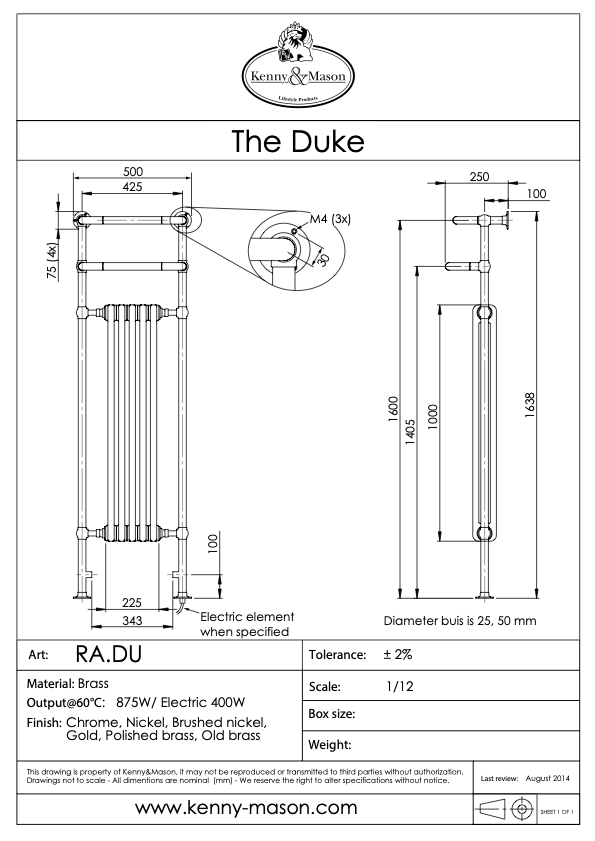 Radiateur mural vertical laiton Kenny & Mason "The Duke". 921W, option électrique, plusieurs finitions élégantes. Chauffage puissant et design distinctif.