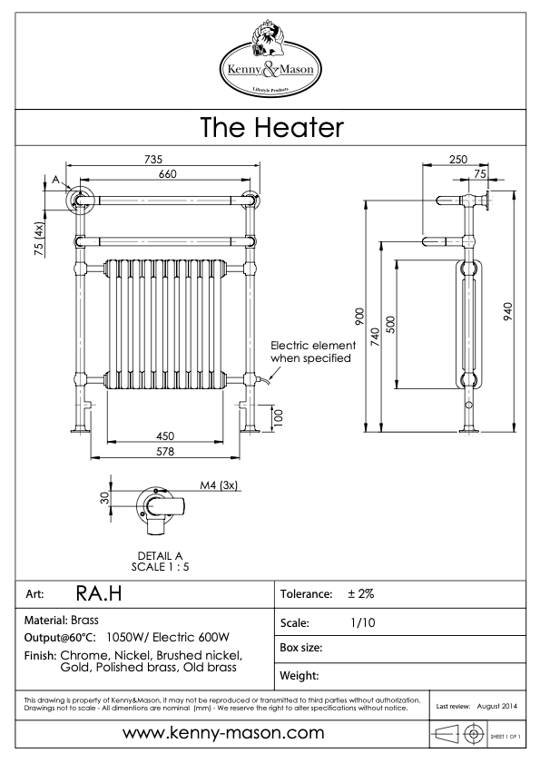 Radiateur mural "The Heater" de Kenny & Mason, illustrant son design classique et sa fabrication en laiton massif.