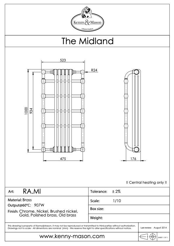 Radiateur mural "The Midland" de Kenny & Mason, illustrant son design classique et sa fabrication en laiton massif. 