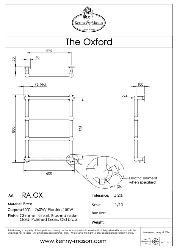 Dessin avec dimensions Porte-serviettes chauffant mural "Oxford" de Kenny & Mason, illustrant son design classique et sa fabrication en laiton massif.