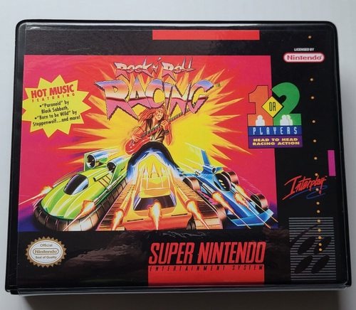 Front view of a Cart Armor® Rock n' Roll Racing Nintendo SNES Premium 16-bit Clamshell Case