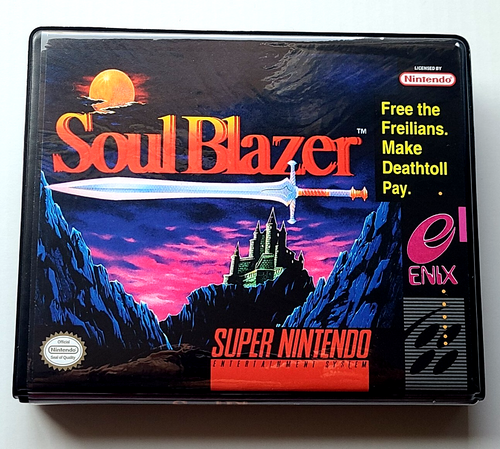 Front view of a Cart Armor® Soul Blazer Super Nintendo SNES Premium 16-bit Clamshell Case