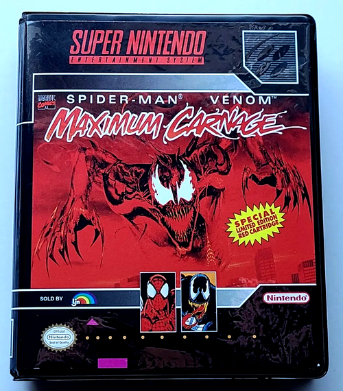 Front view of a Cart Armor® Spider-Man Venom Maximum Carnage Nintendo SNES Premium 16-bit Clamshell Case